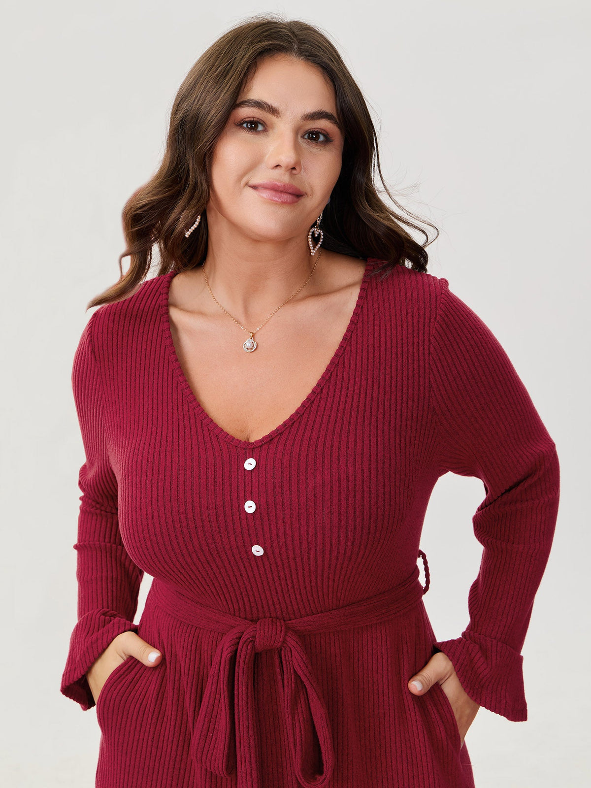 Textured Belted Waist Button Midi Dress