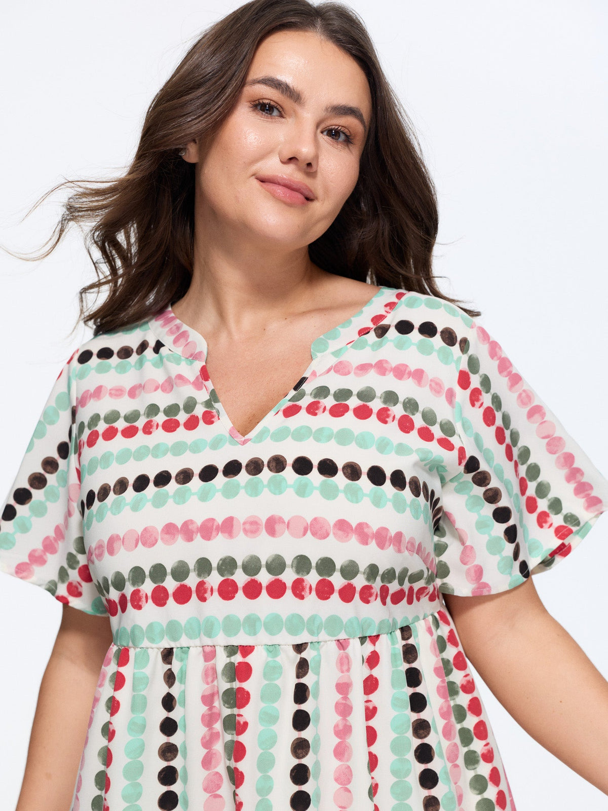 Dot Print Elastic Waist Split Neck Mini Dress