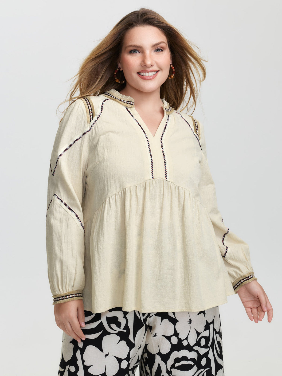 Cotton Contrast Webbing Notched Collar Blouse