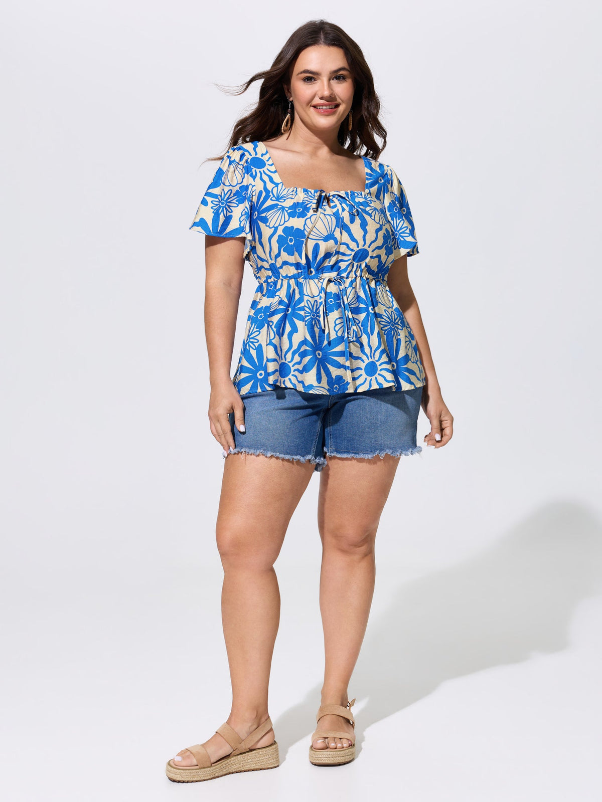 Floral Print Square Neckline Fitted Blouse