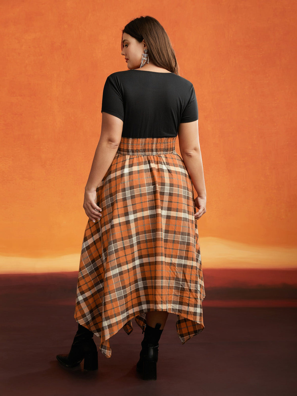 Elastic Plaid Asymmetrical Hem Dress