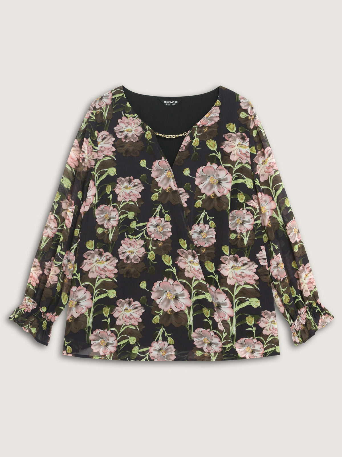 Sheer Floral Ruffled Cuff Metal Detail Blouse