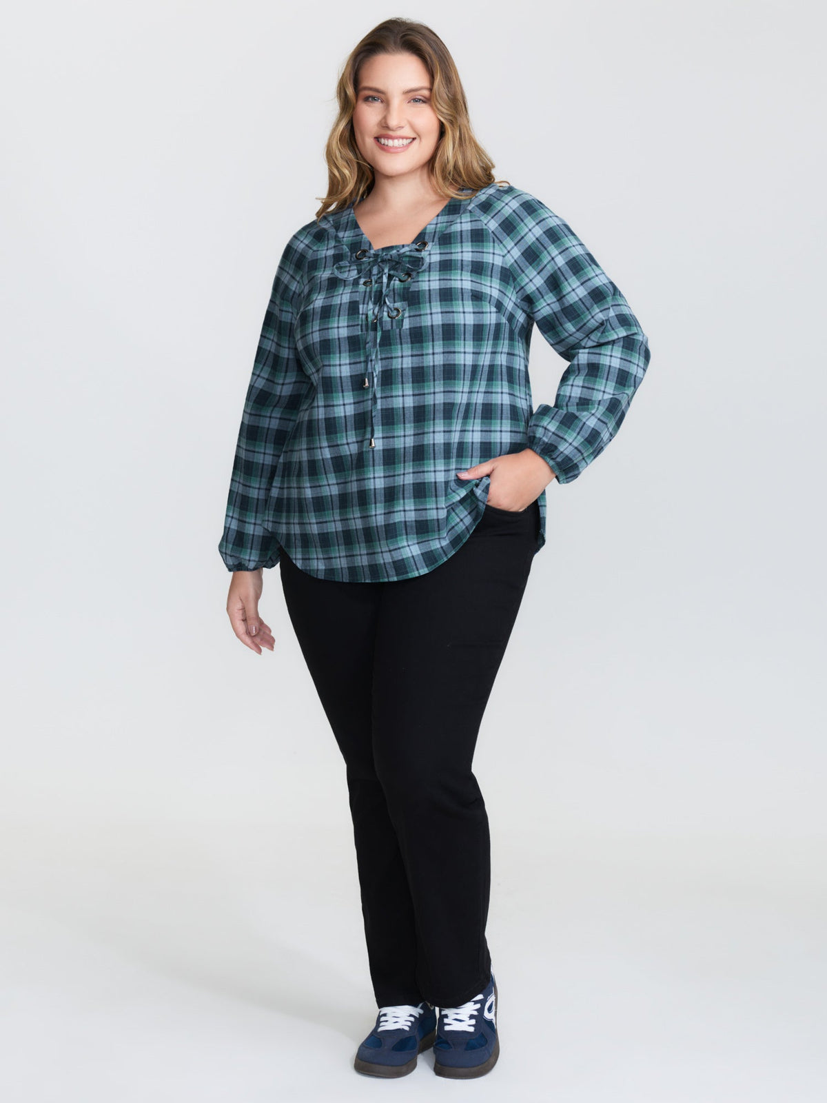 Plaid 2-in-1 Neck Tie Blouse