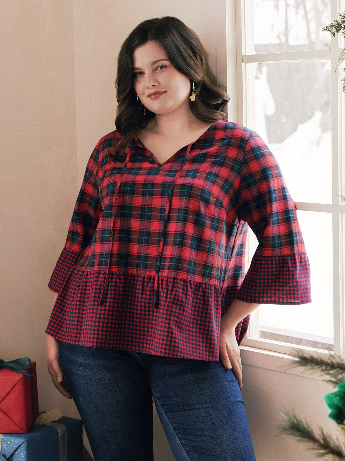 Plaid 3/4 Flare Sleeve Ruffle Hem Blouse