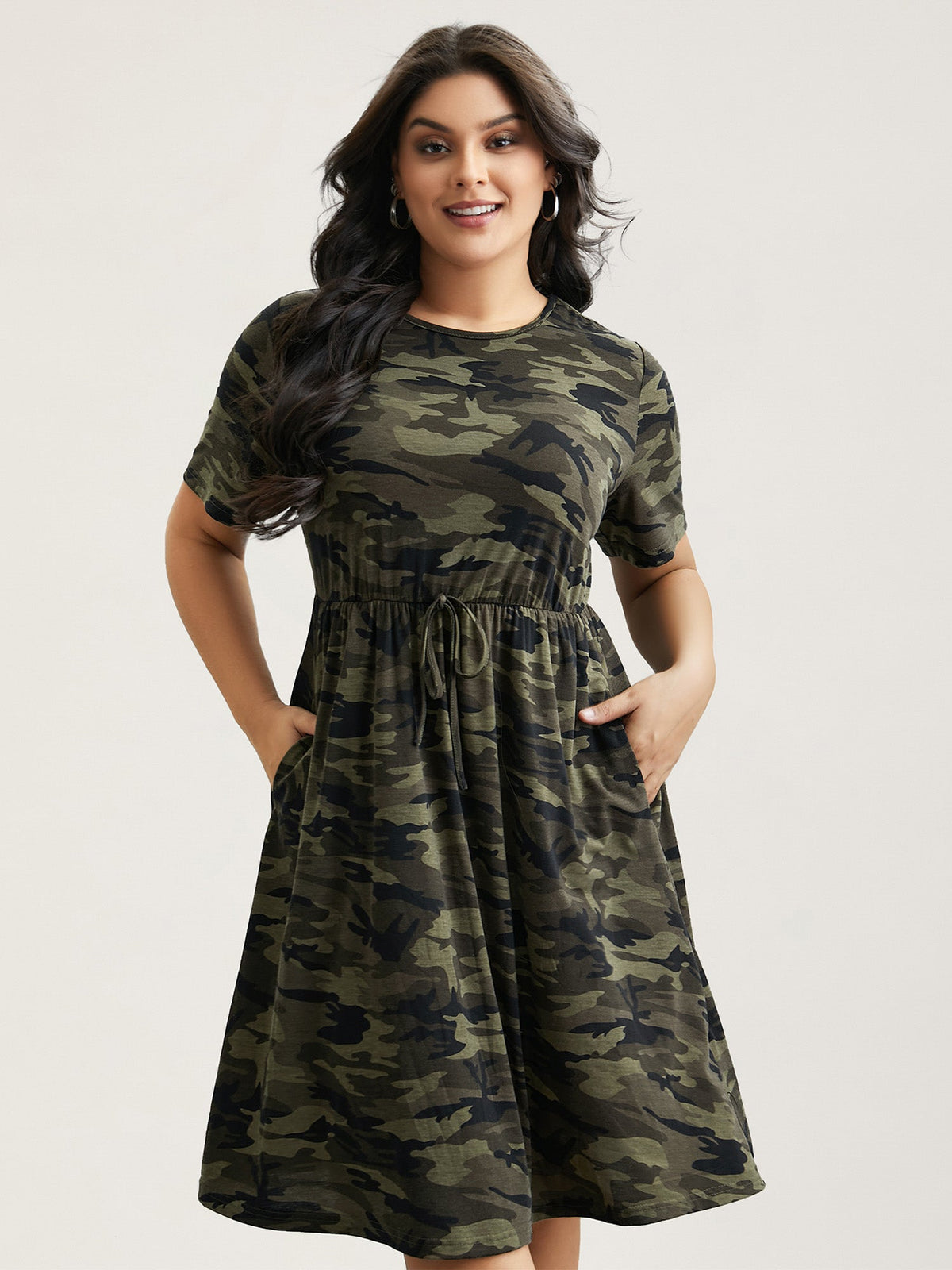Camouflage Print Round Neck Pockets Midi Dress