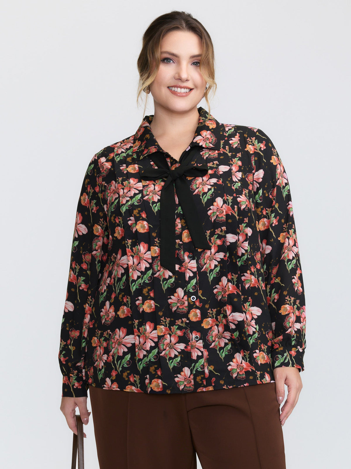 Floral Print Pleated Bow Button-Down Shirt