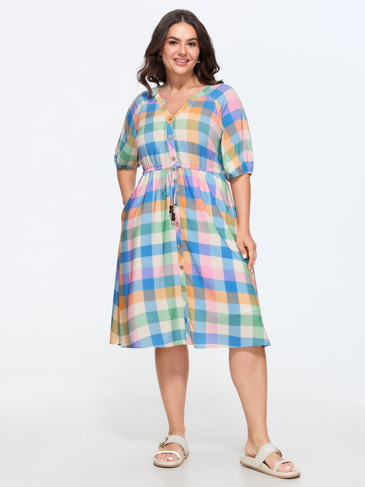 Plaid Print Drawstring Waist Midi Dress
