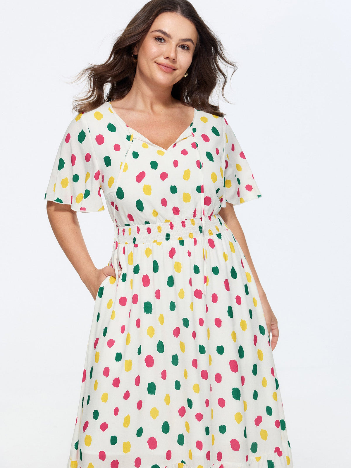 Supersoft Colorful Polka Dots Shirred Waist Midi Dress