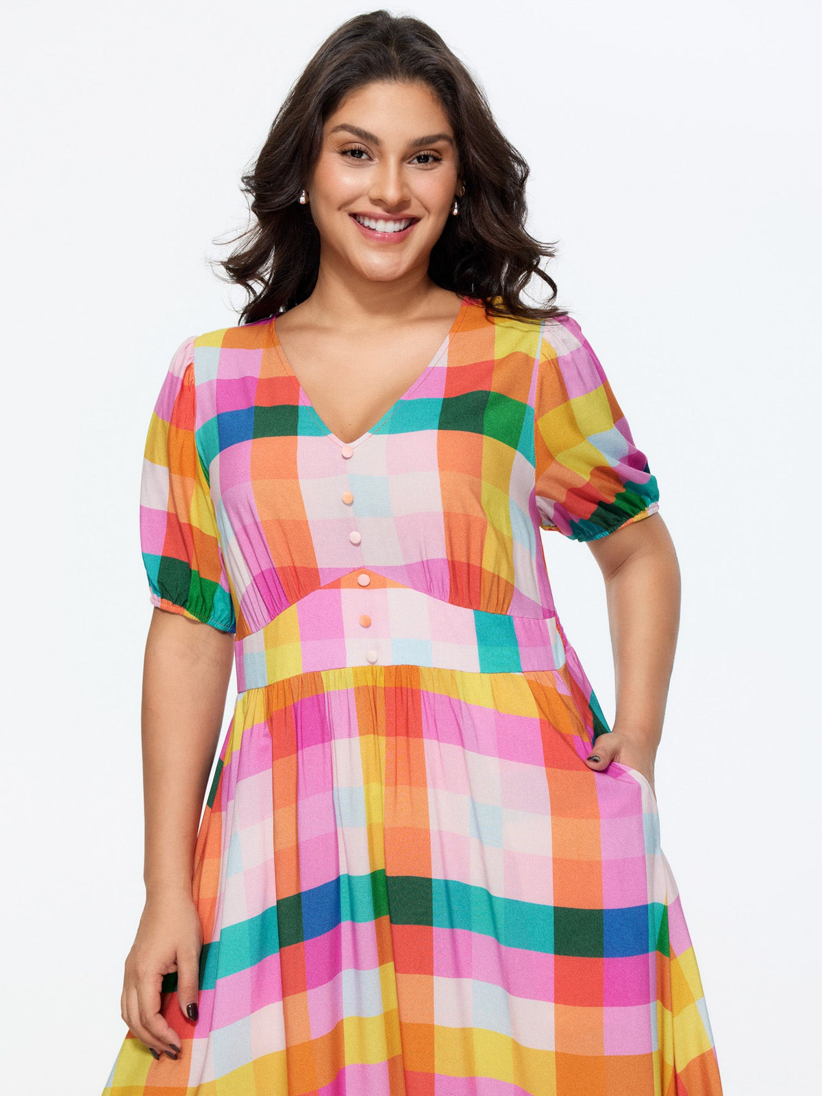 Colorblock Plaid Print Shirred Waist Front Button Midi Dress