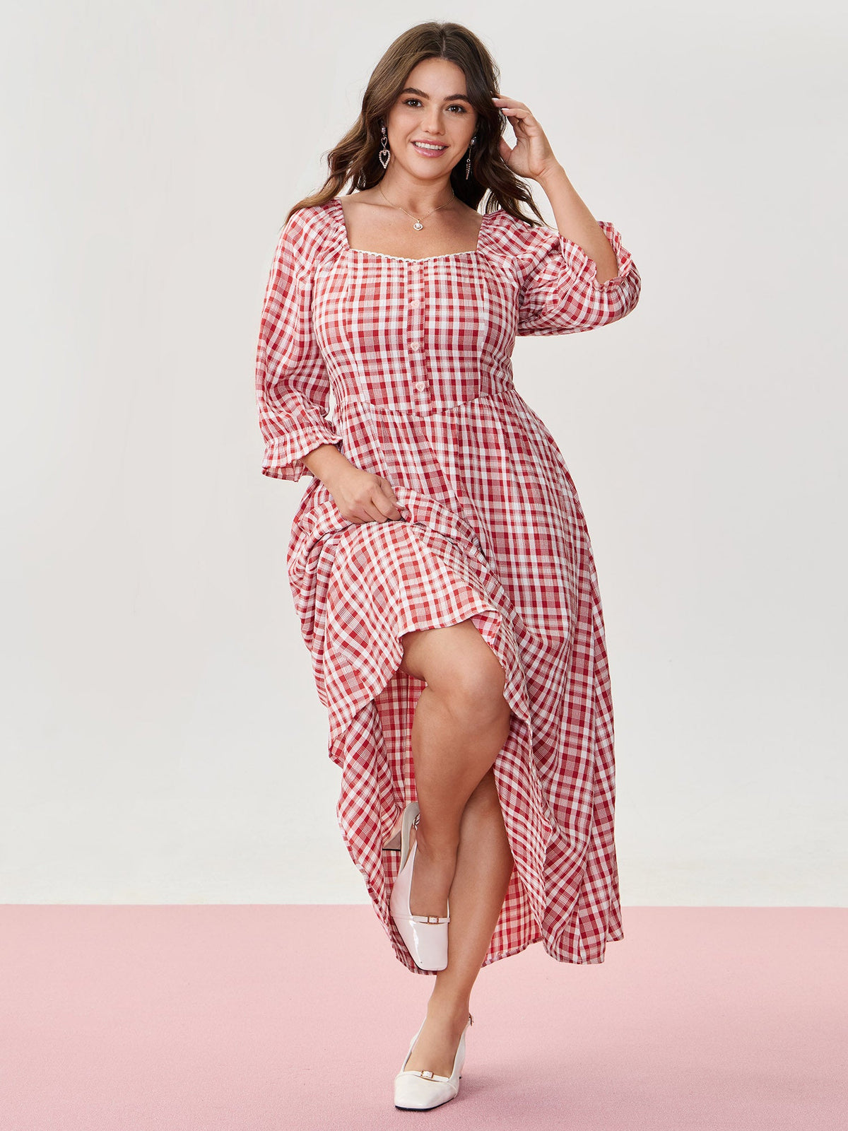 Checkered Print Pockets Button Maxi Dress