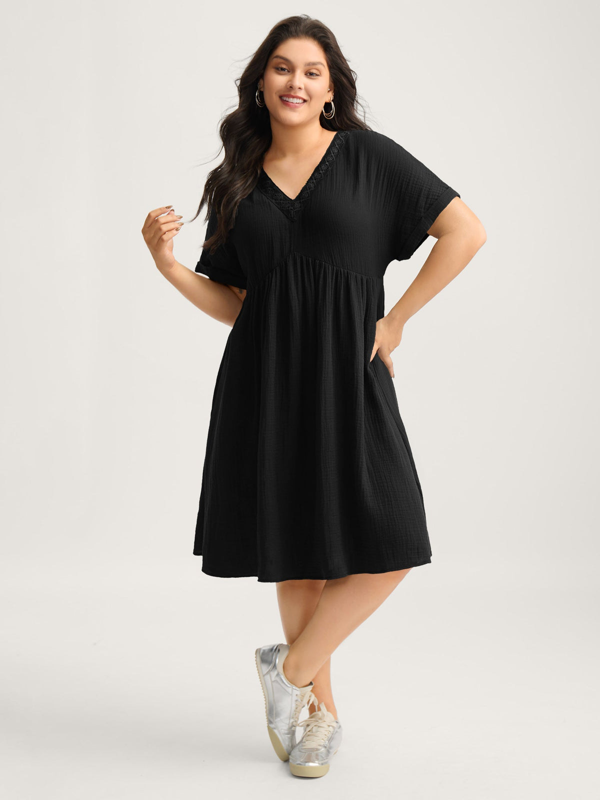 Pure Cotton Lace V-Neck Solid Mini Dress