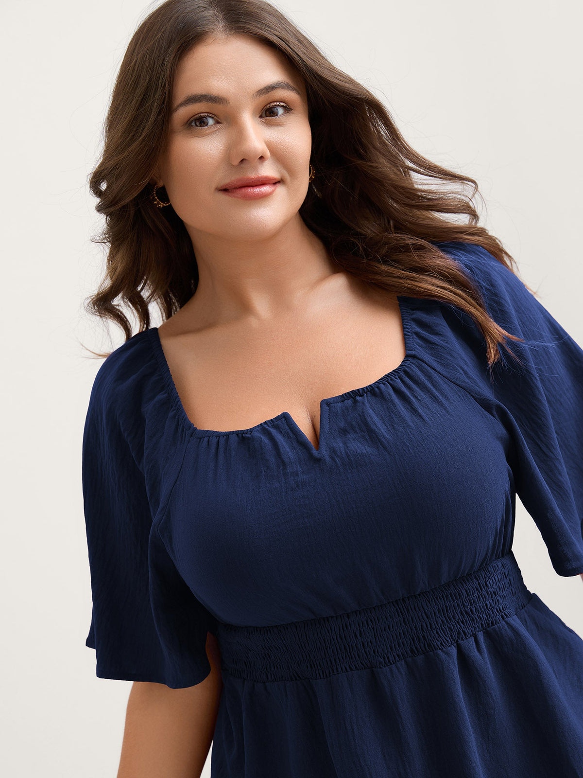 Stretchy Neckline Waist-Cinched Solid Blouse