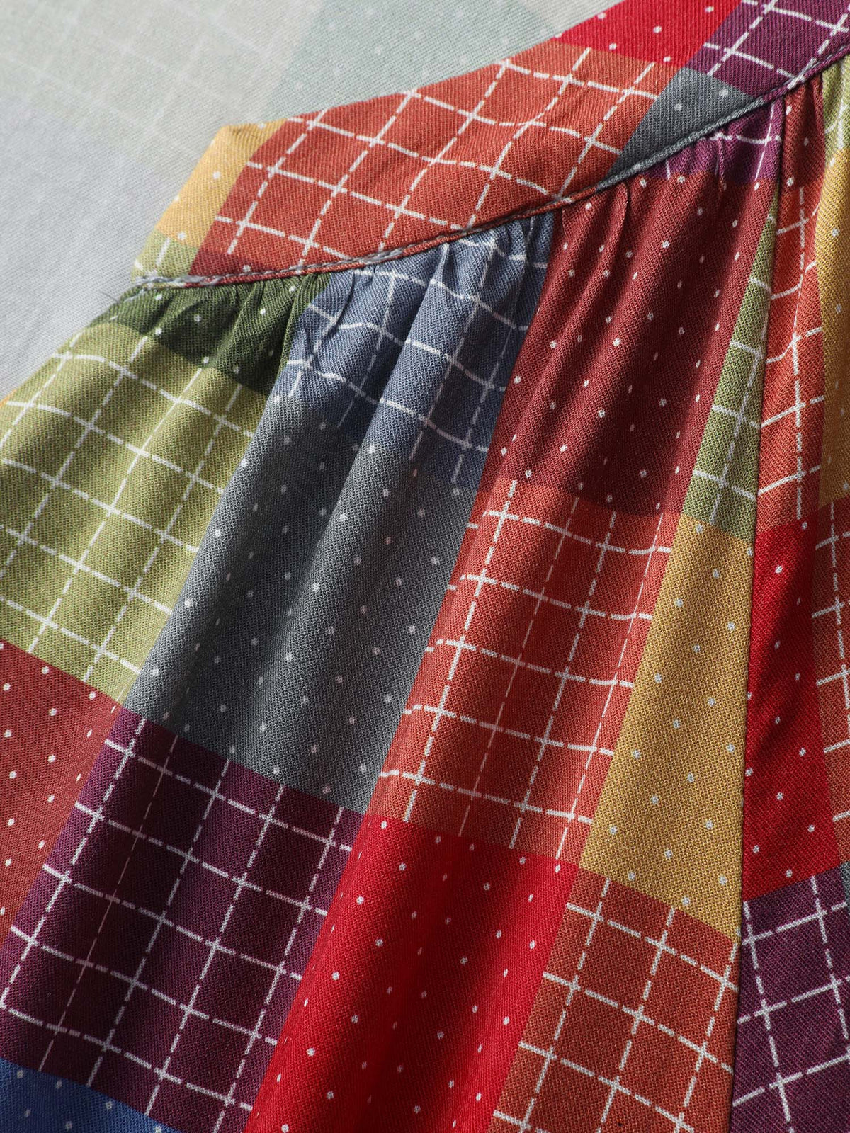 Colorful Check Print Button Relaxed-Fit Blouse