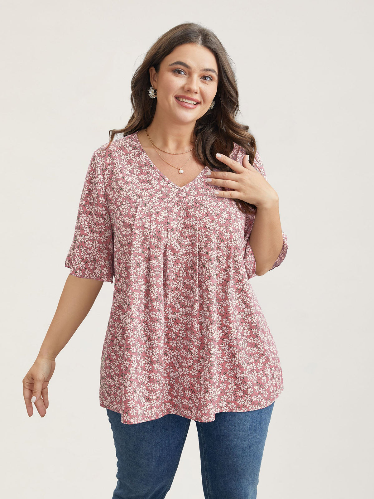 Ditsy Floral Pleated Flared Sleeve Blouse