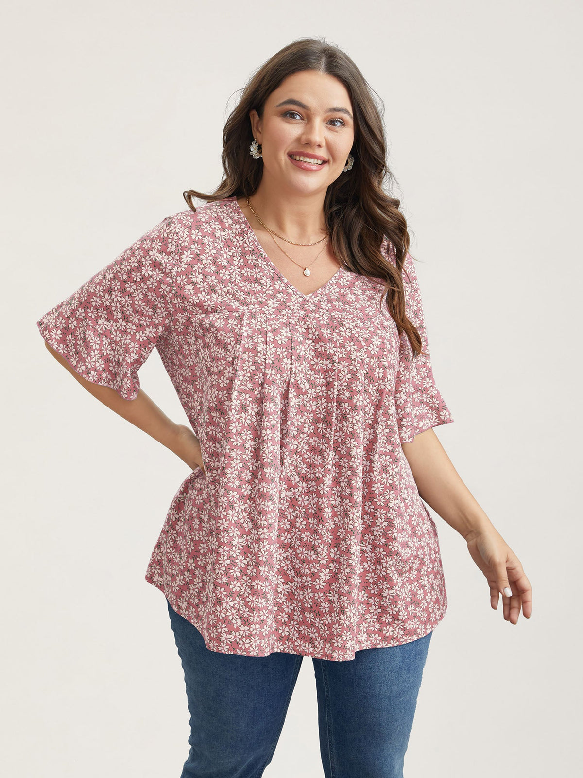 Ditsy Floral Pleated Flared Sleeve Blouse