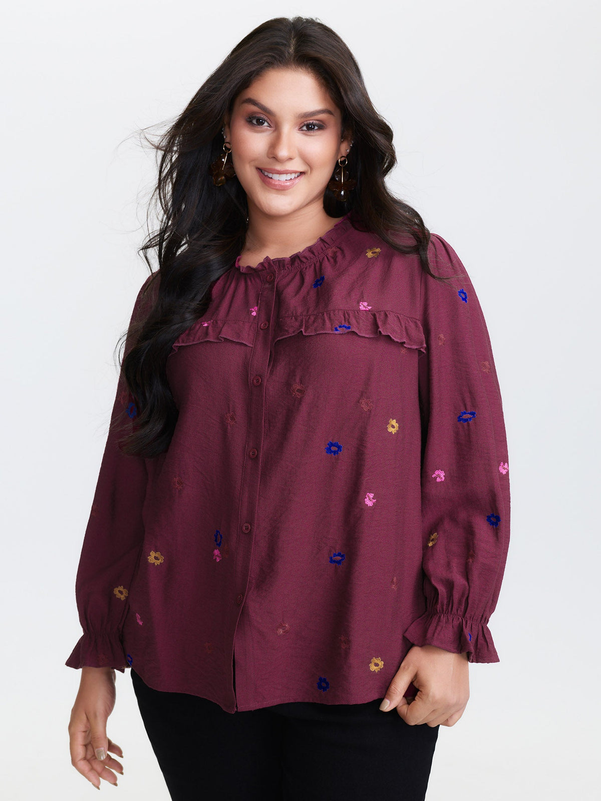 Colorful Floral Embroidery Button Shirt