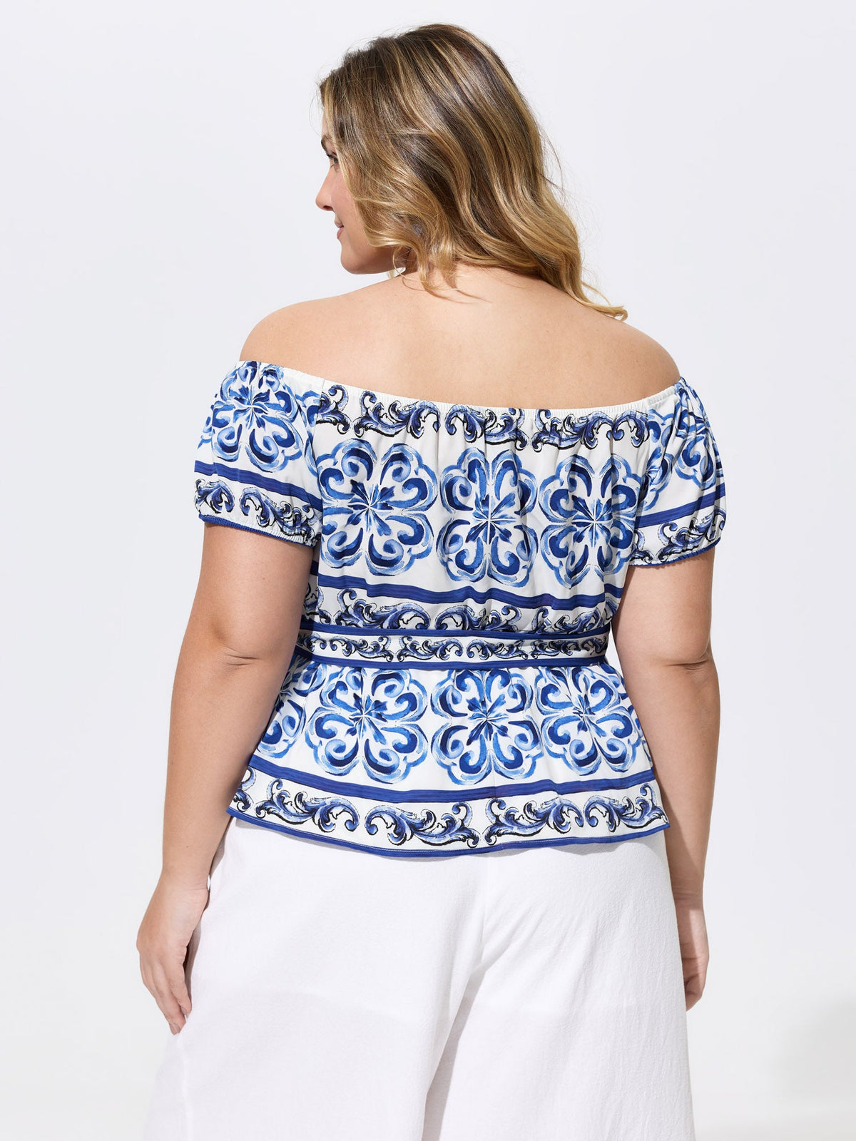 Majolica Print Stretchy Waist Belted Blouse