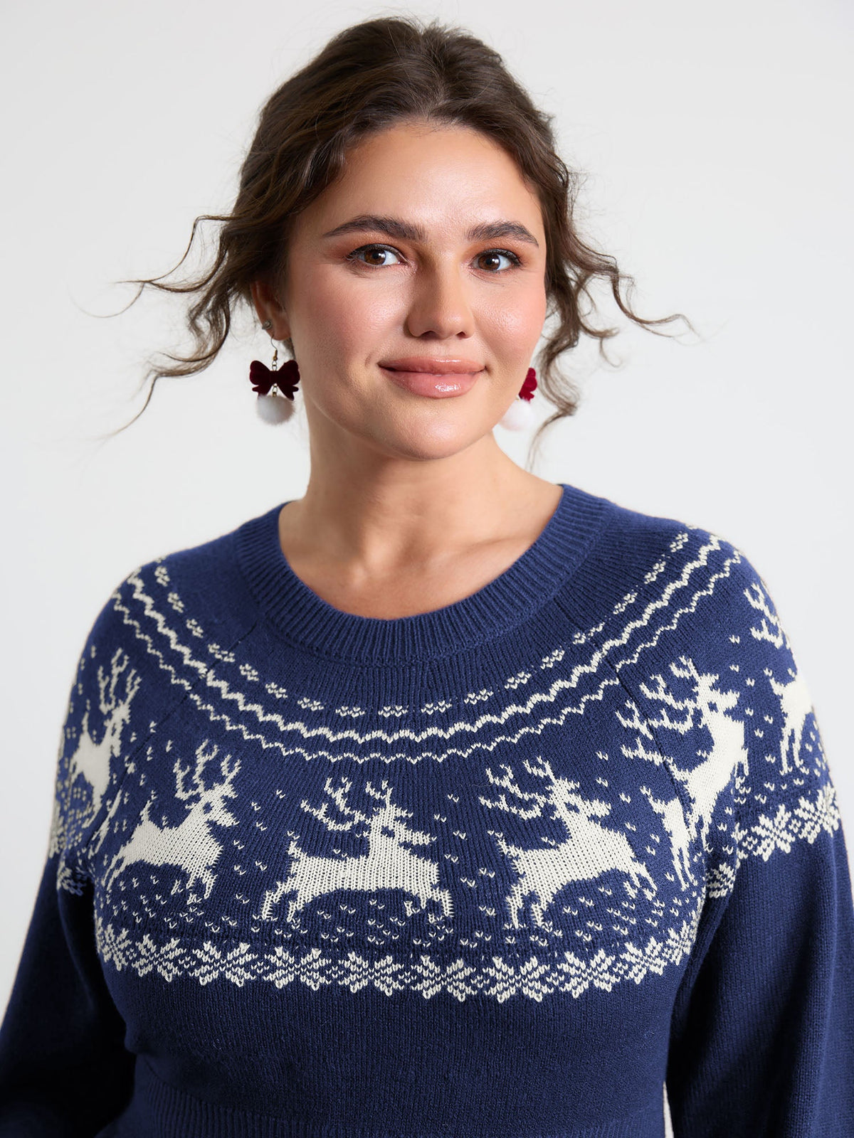 Reindeer Print Cinched-Waist Sweater Mini Dress