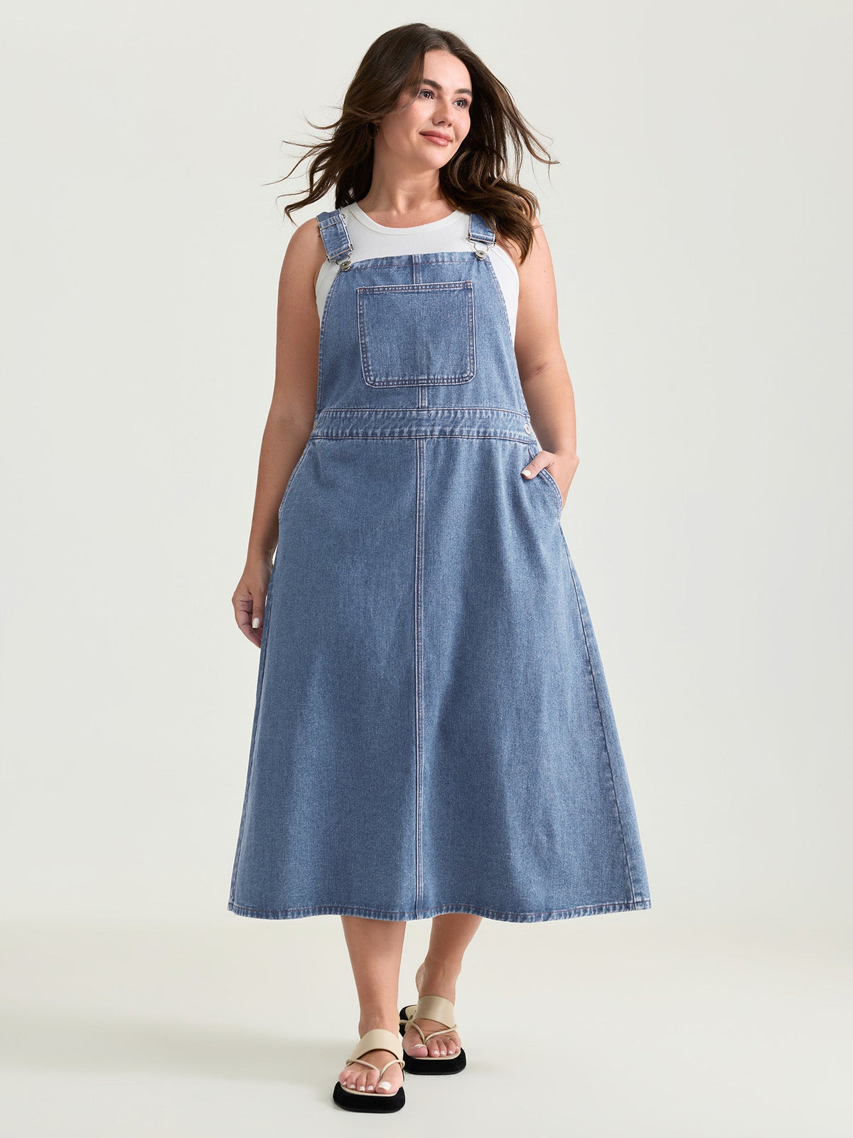 Cotton Adjustable Back Slit Overall Midi Denim Dress
