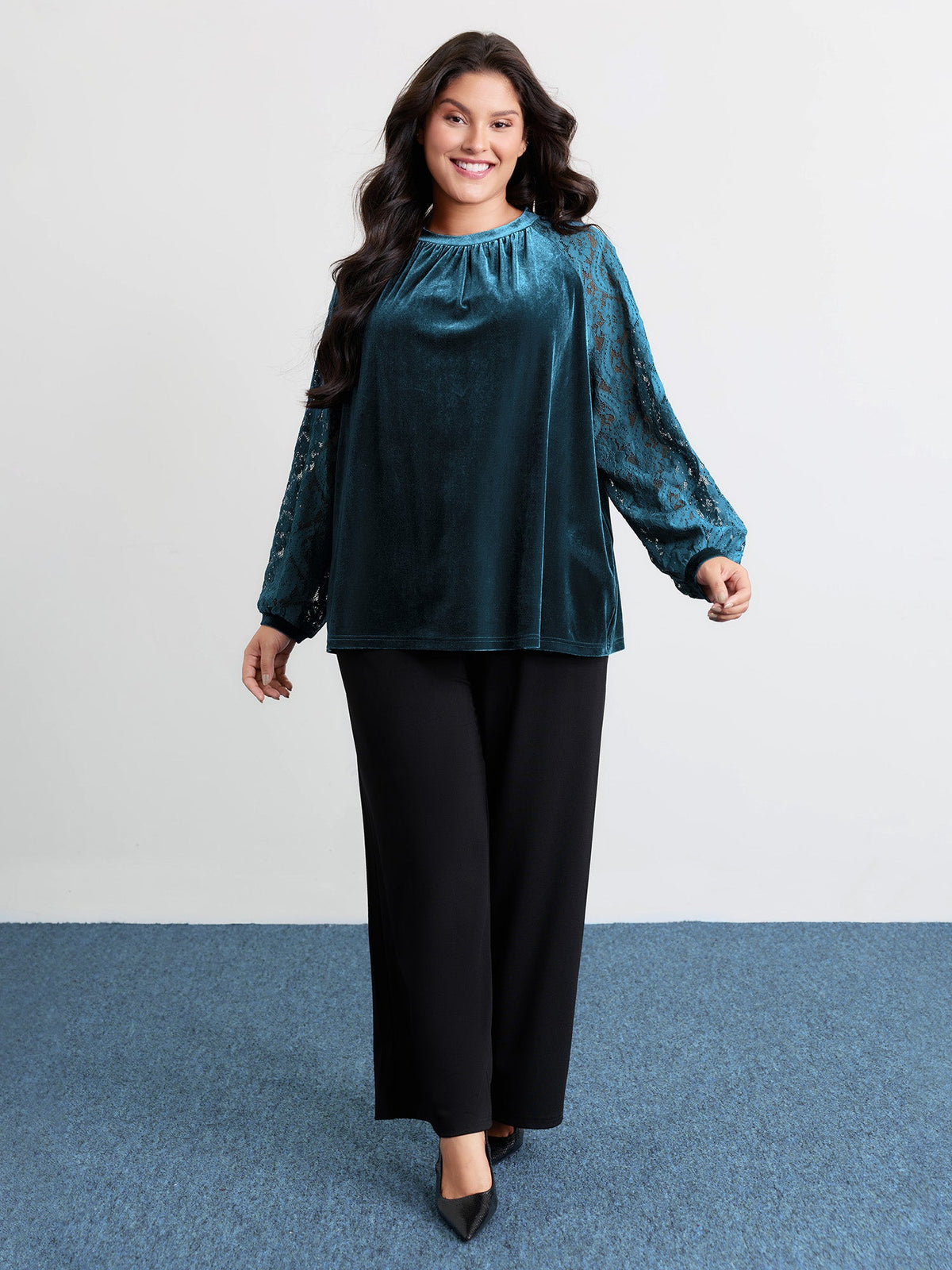Velvet Sheer Lace Raglan Sleeve Blouse
