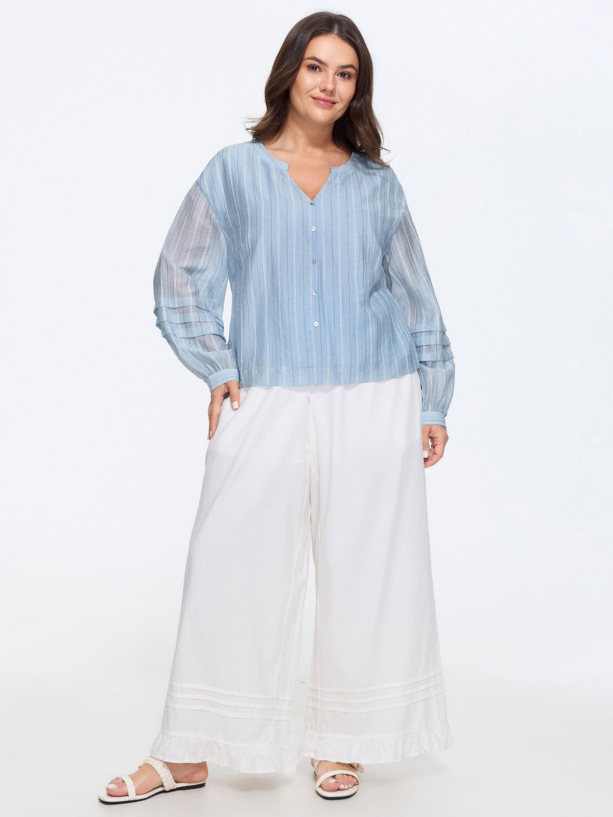 Sheer Striped Print Pleated Sleeve Blouse