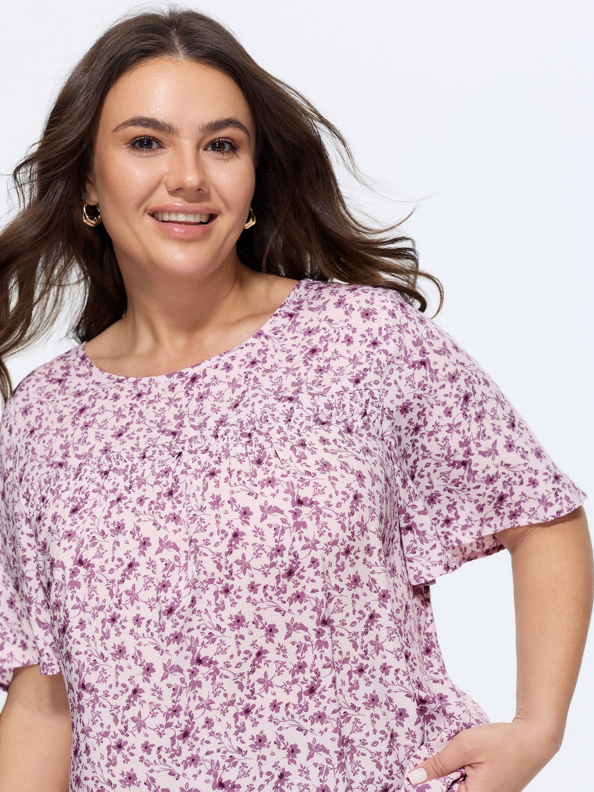 Floral Ruffle Sleeve Gathered Round Neck Blouse