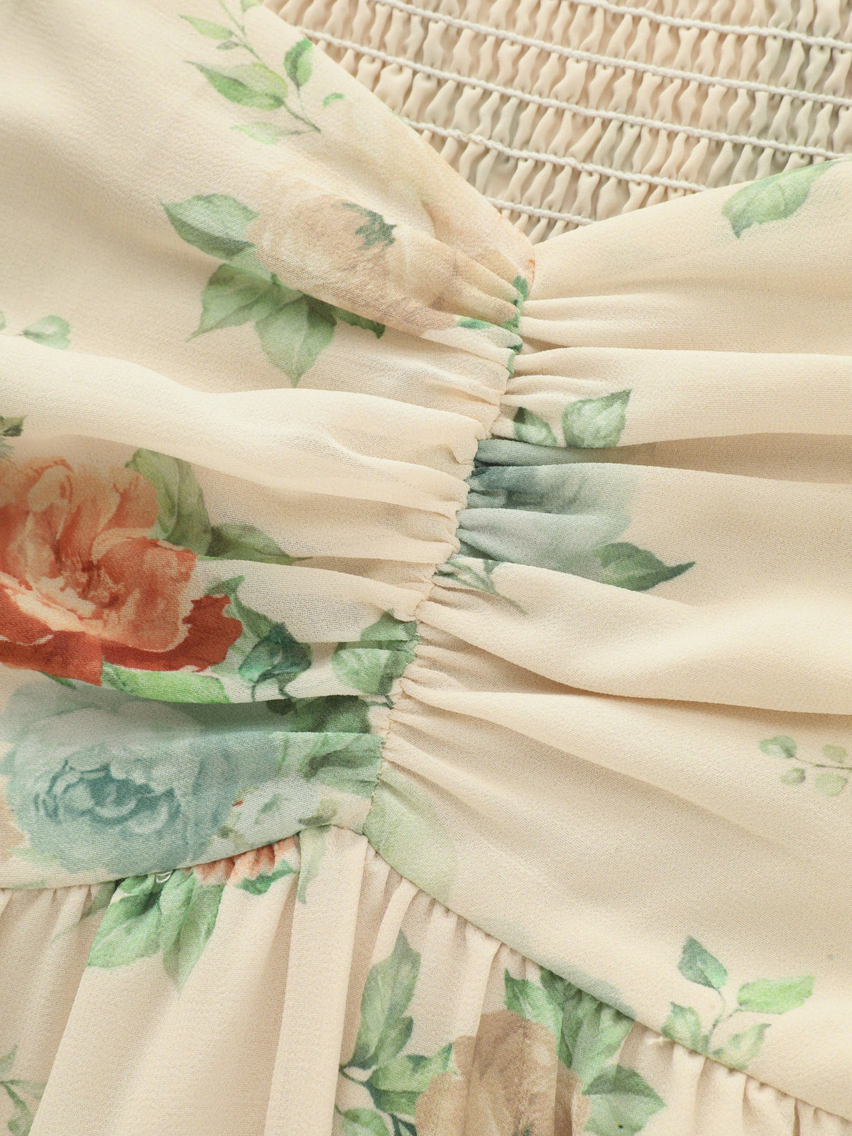 Floral Print Ruched Shirred Back Blouse