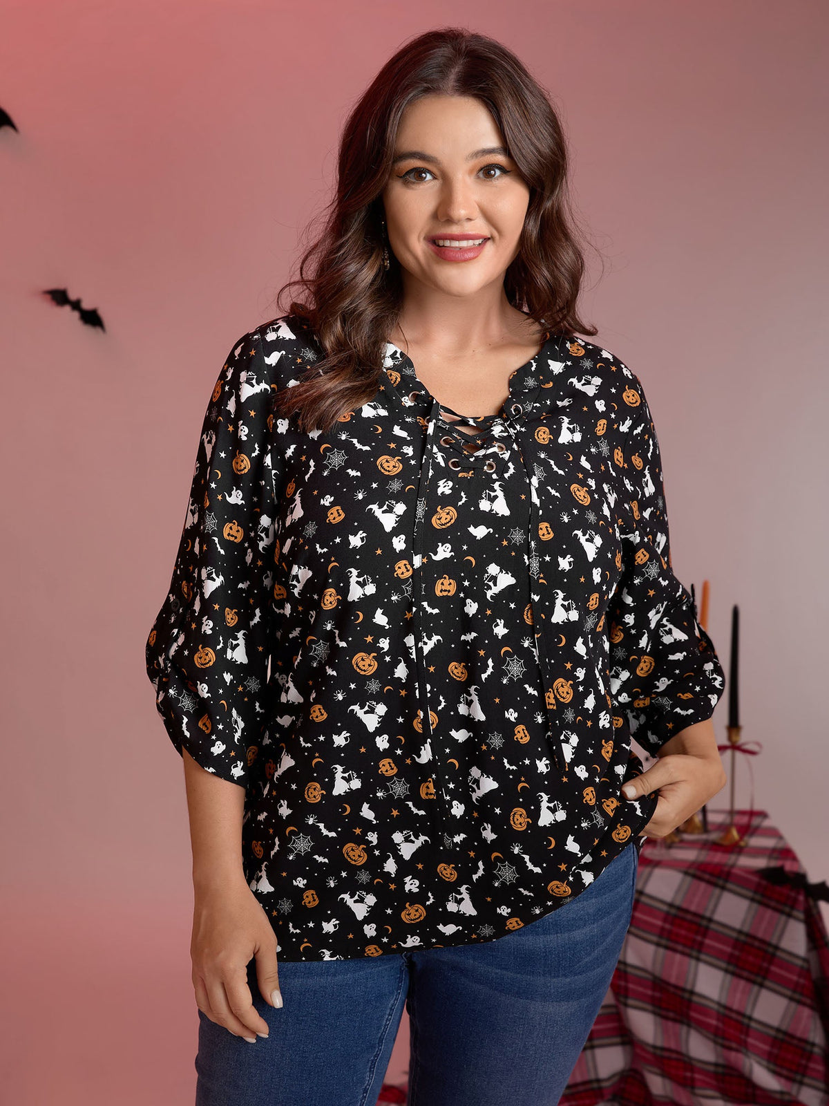 Rayon Halloween Print Neck Tie-Up Blouse