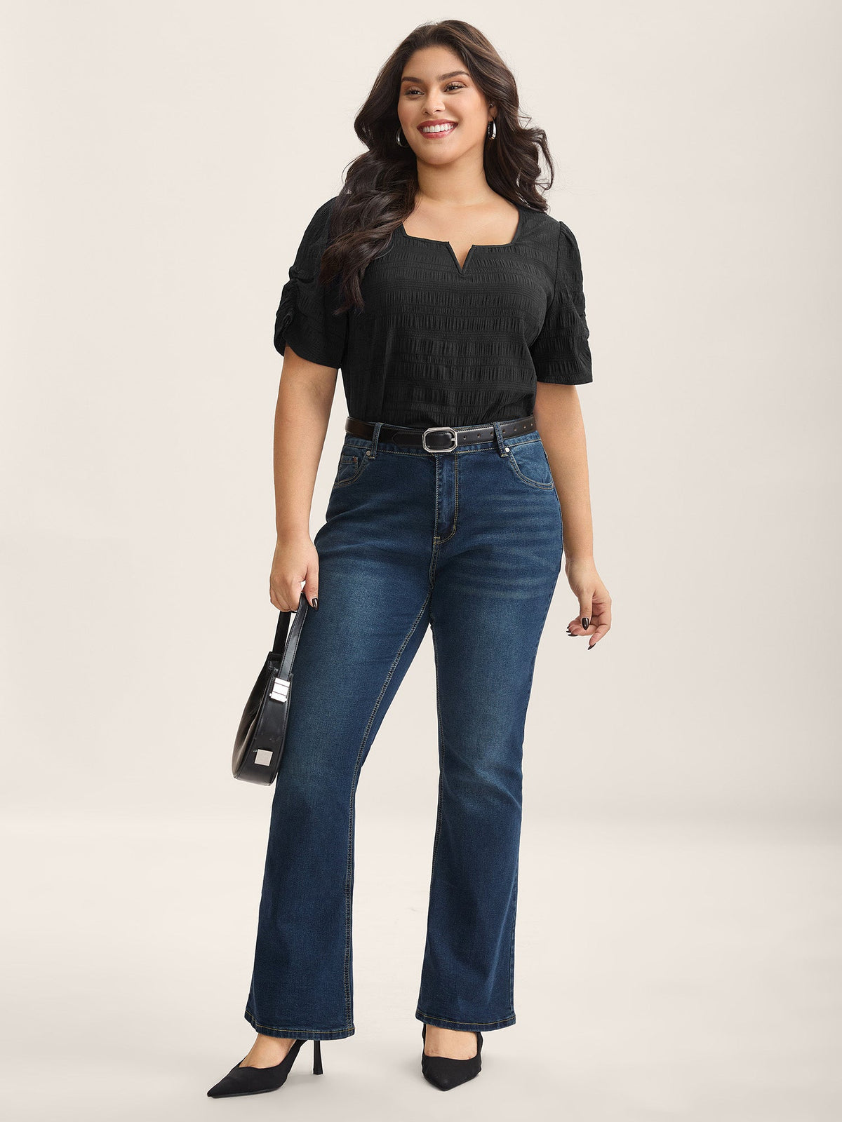 Textured Gathered Sleeve Split Neck Blouse