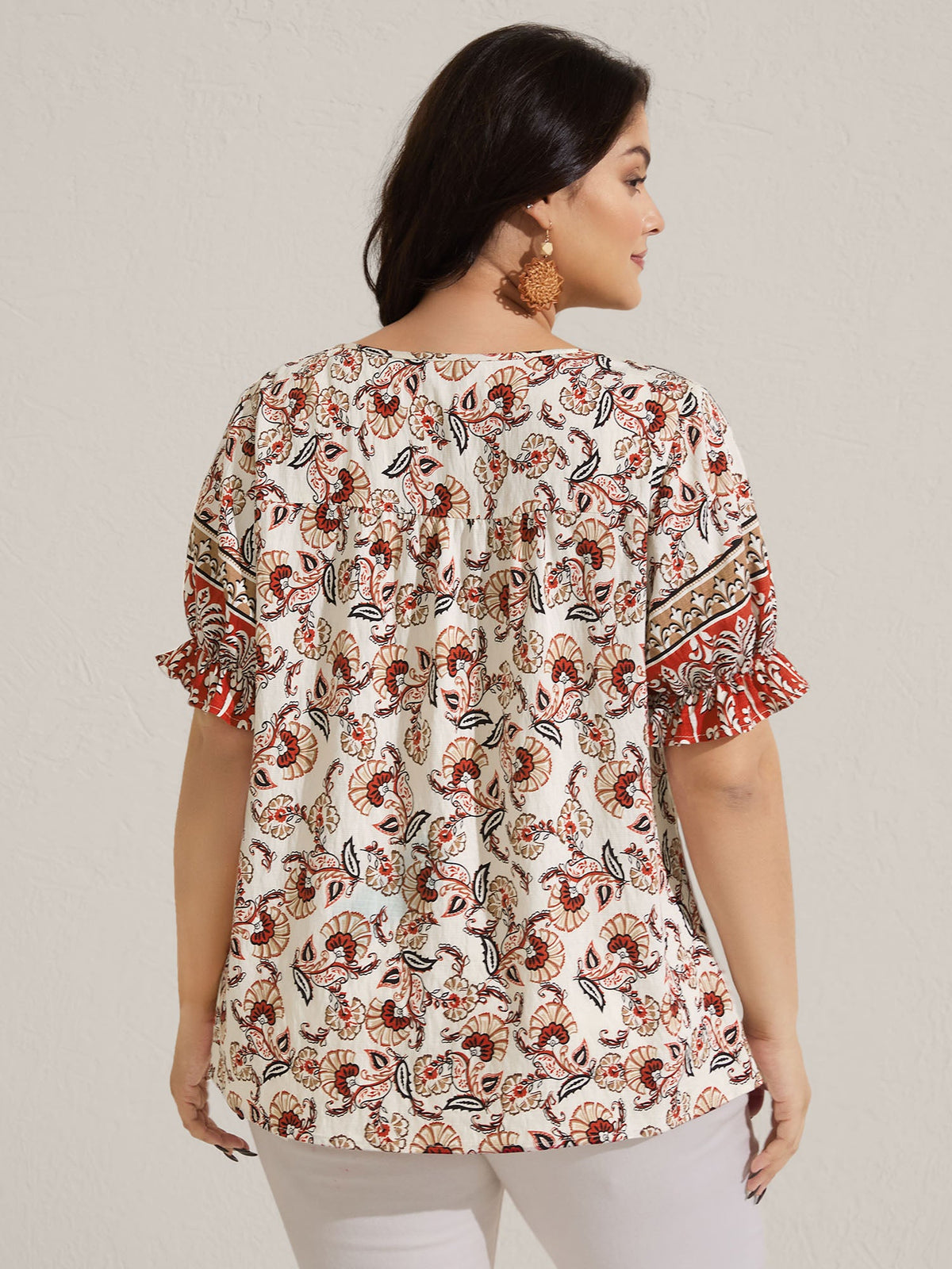 Boho Floral Print Neck Tassels Blouse