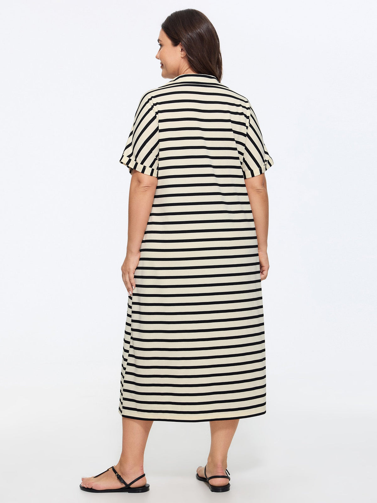 Stretchy Striped Print Collared Midi Dress