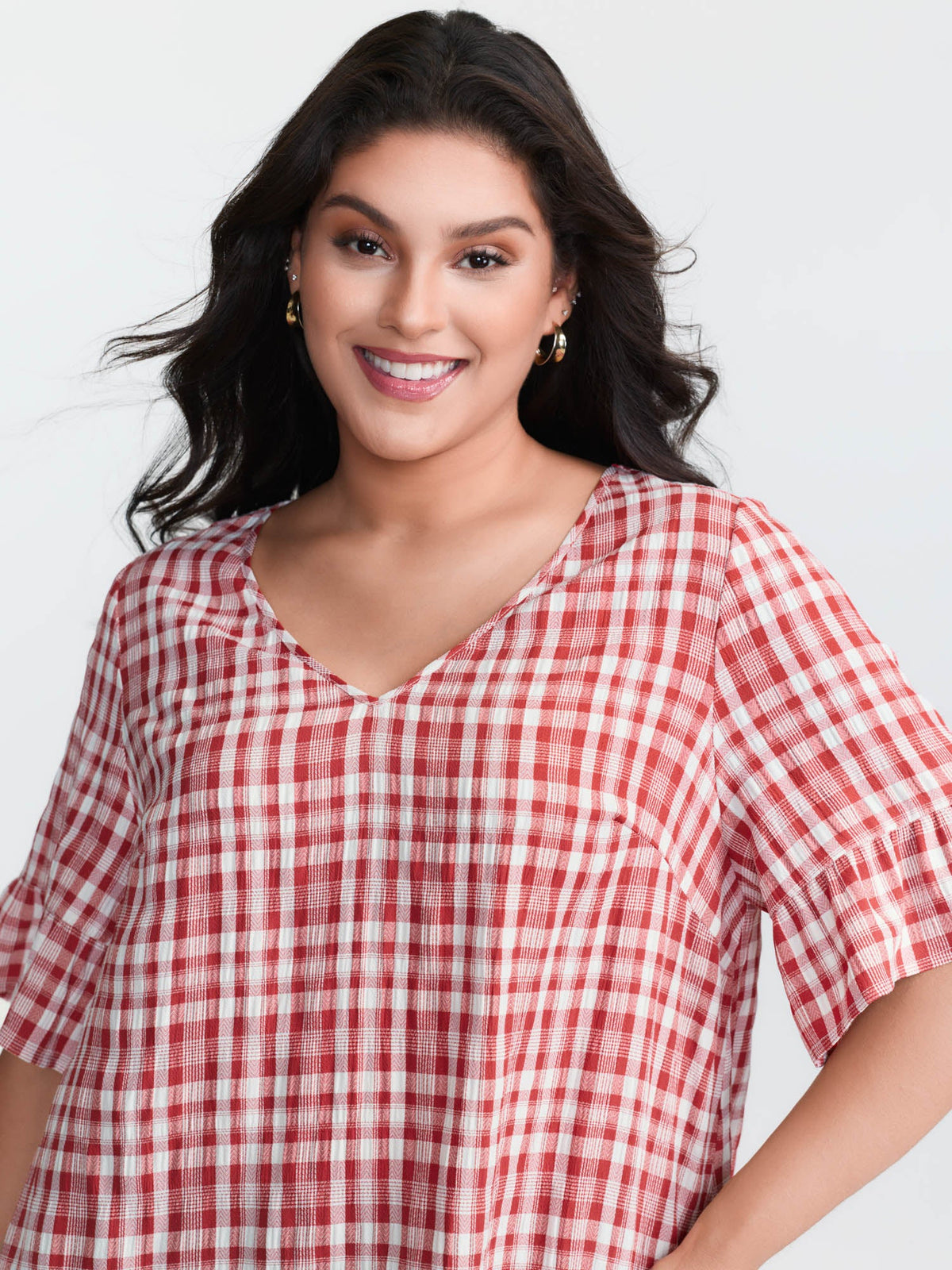 Sweet Gingham Print Ruffled Blouse