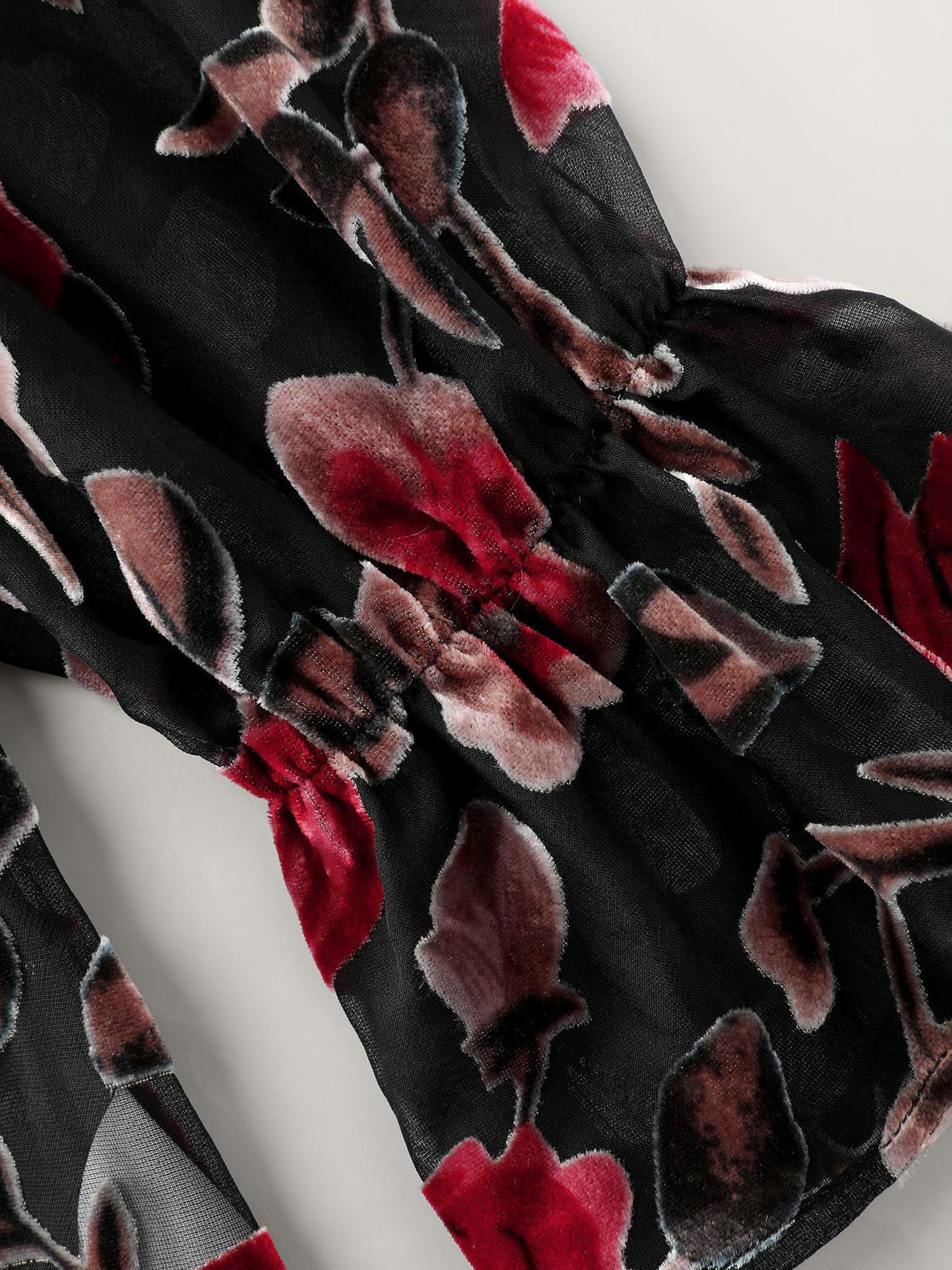 Flock Floral Ruffled Cuff Blouse