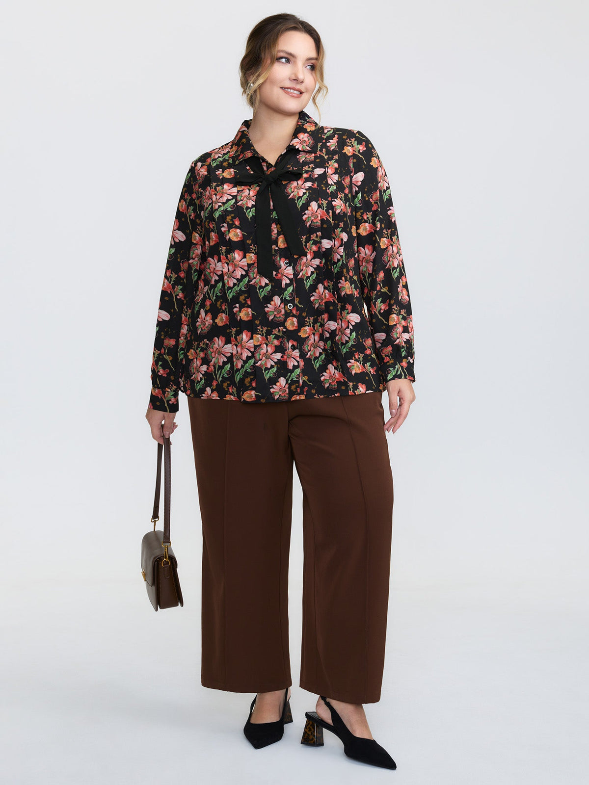 Floral Print Pleated Bow Button-Down Shirt