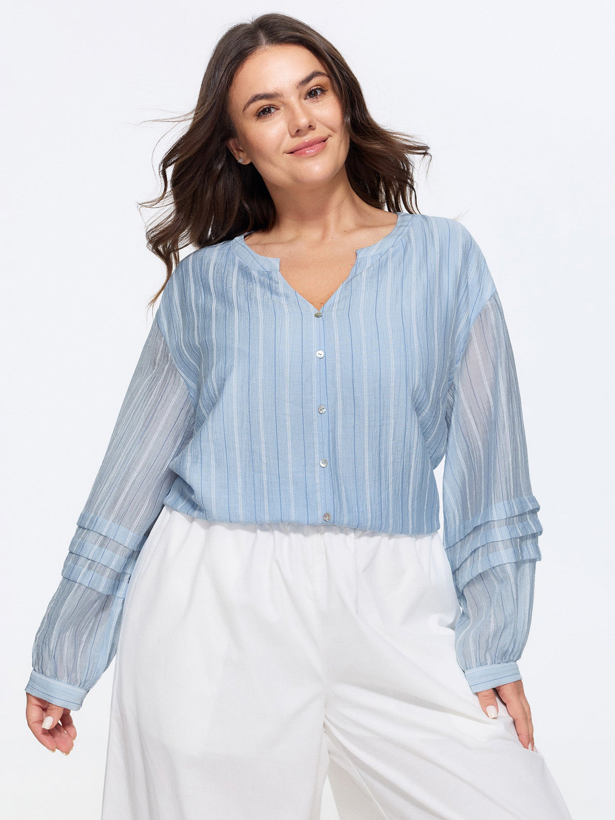 Sheer Striped Print Pleated Sleeve Blouse