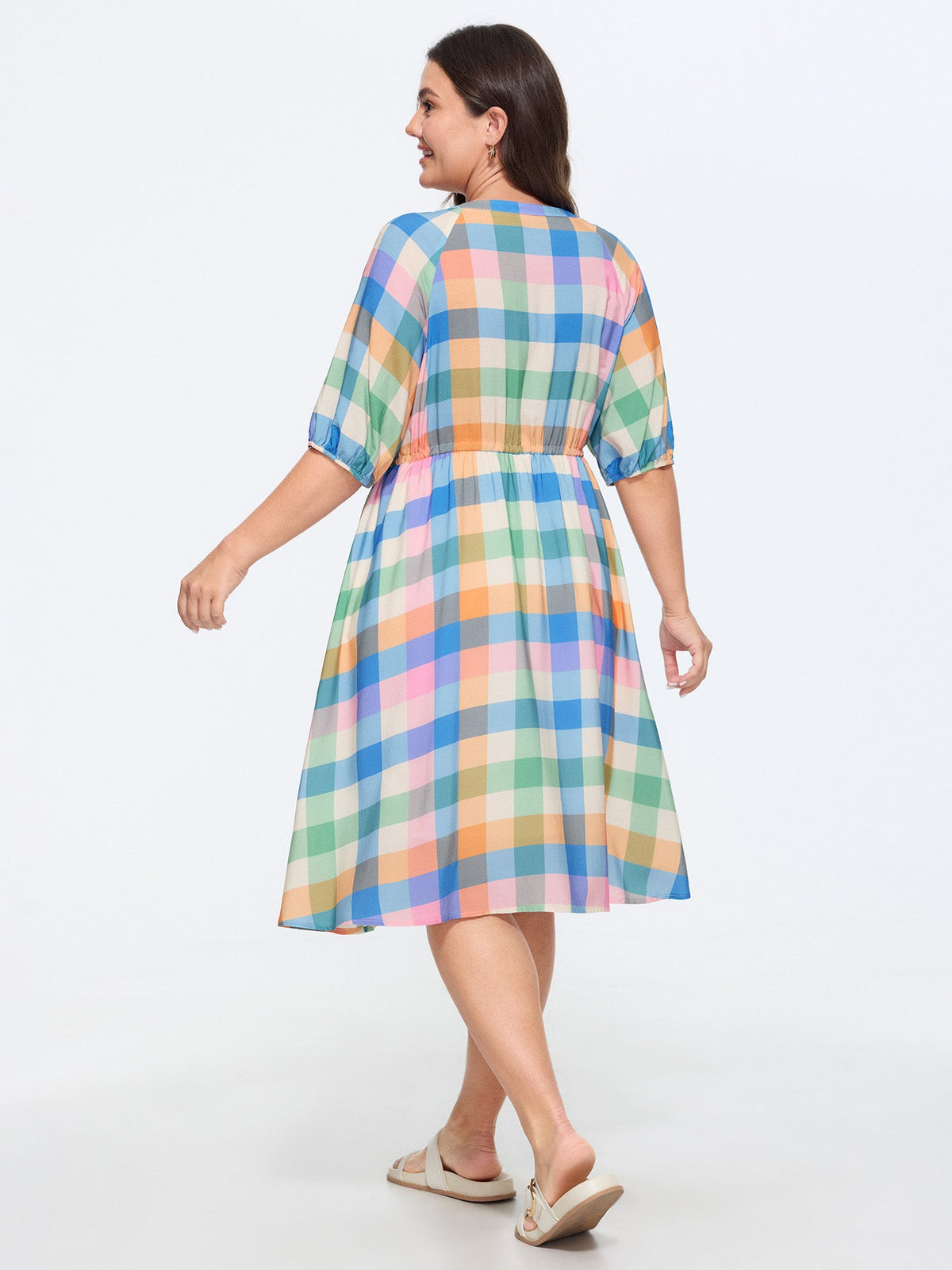 Plaid Print Drawstring Waist Midi Dress
