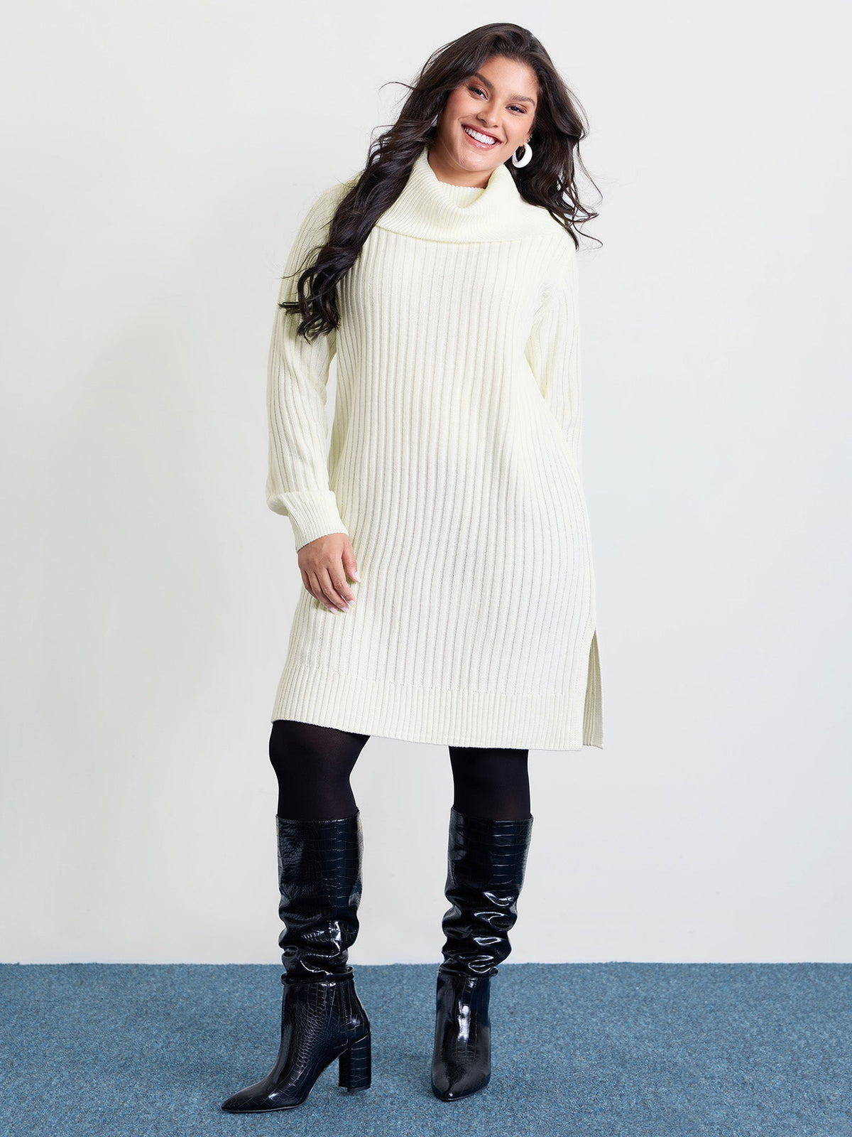 High Turtleneck Textured Sweater Dress
