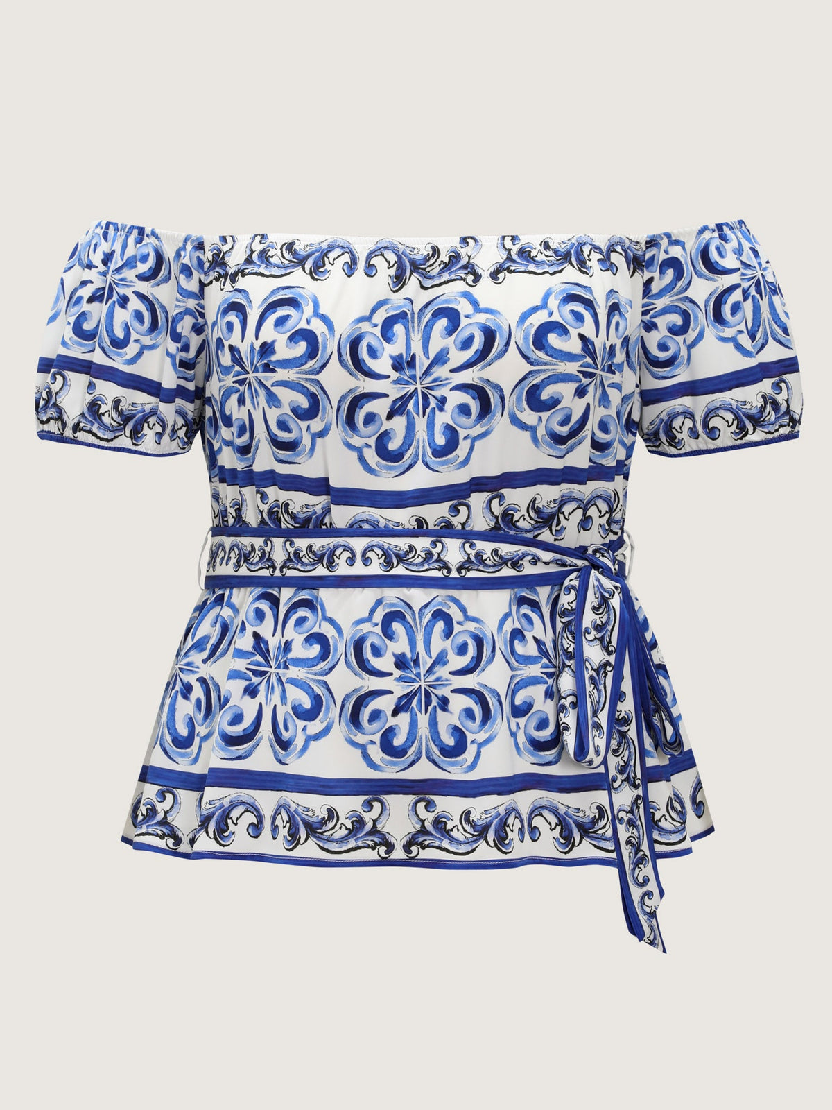 Majolica Print Stretchy Waist Belted Blouse