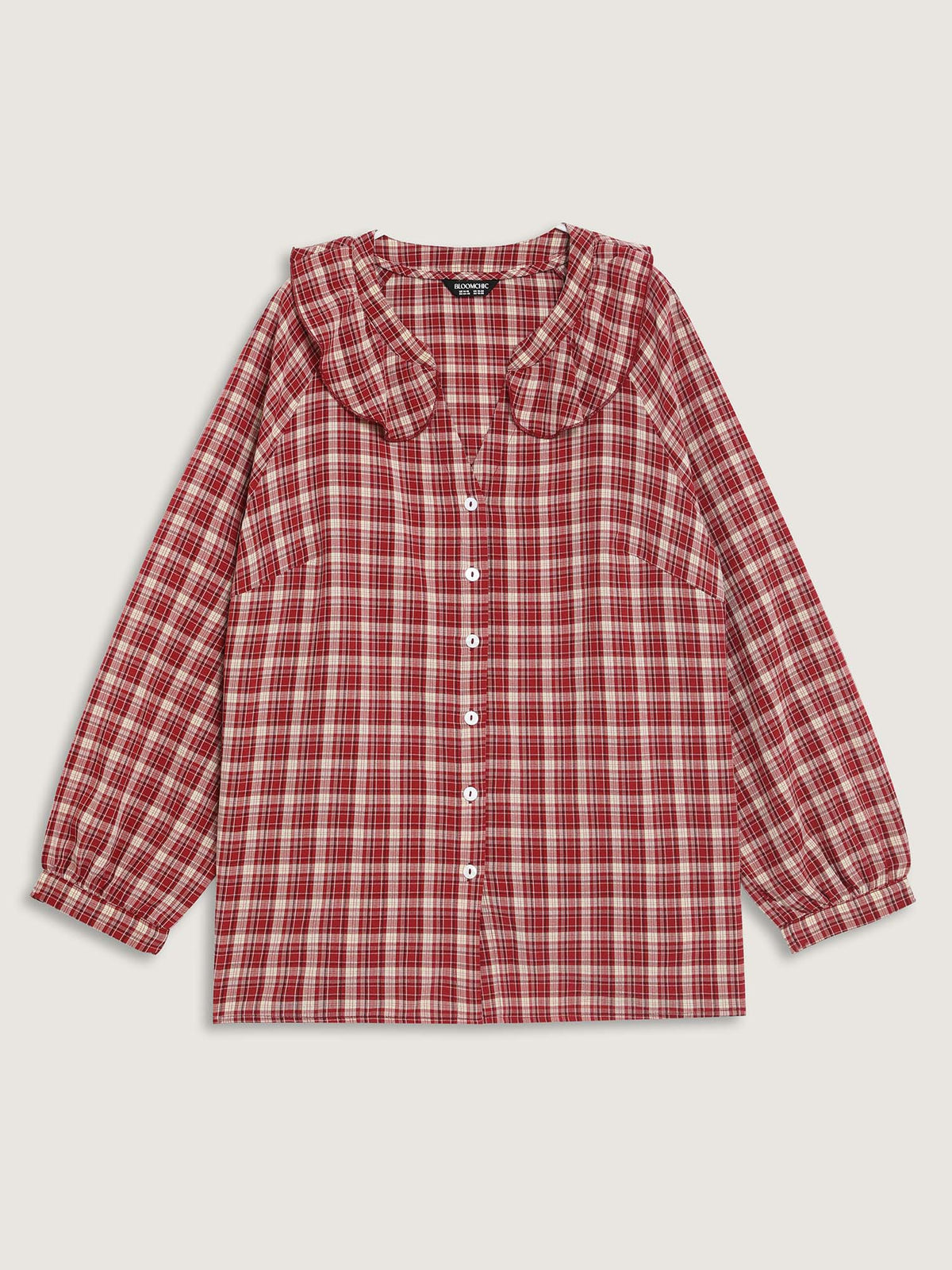 Gingham Print Ruffled Neck Button Blouse