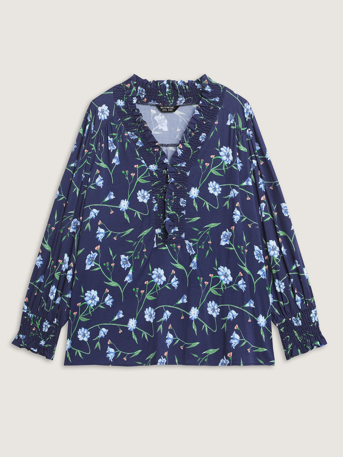 Rayon Floral Print Shirred Collar Blouse