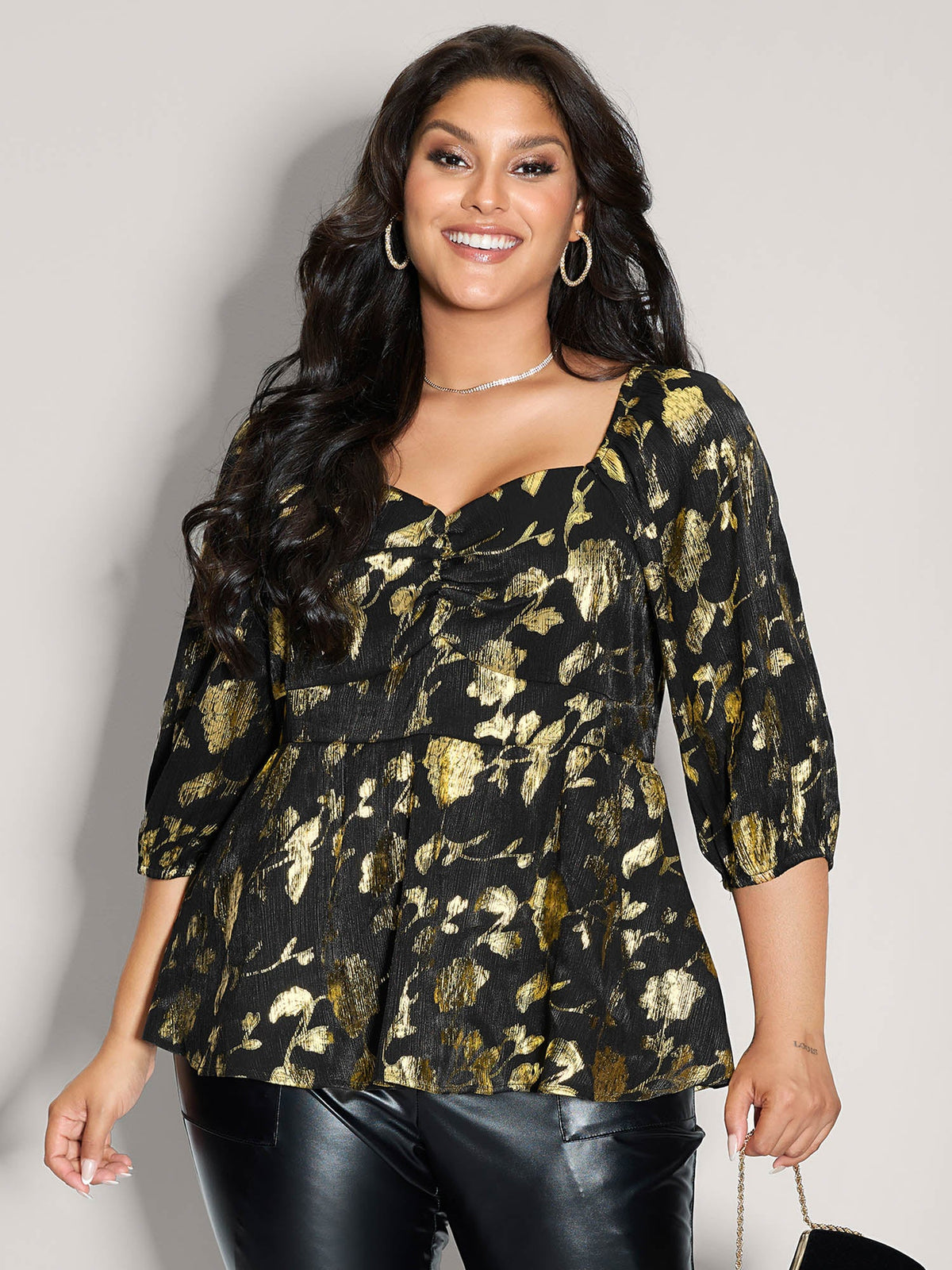 Floral Gold Stamp Smocked Blouse