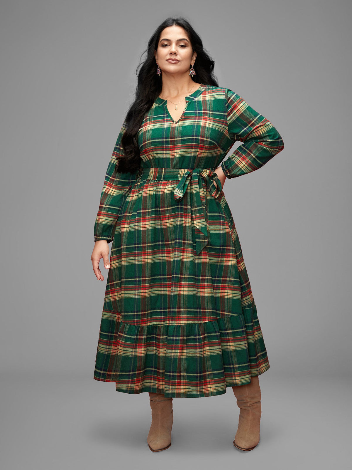Festive Notched Collar Plaid Dress
