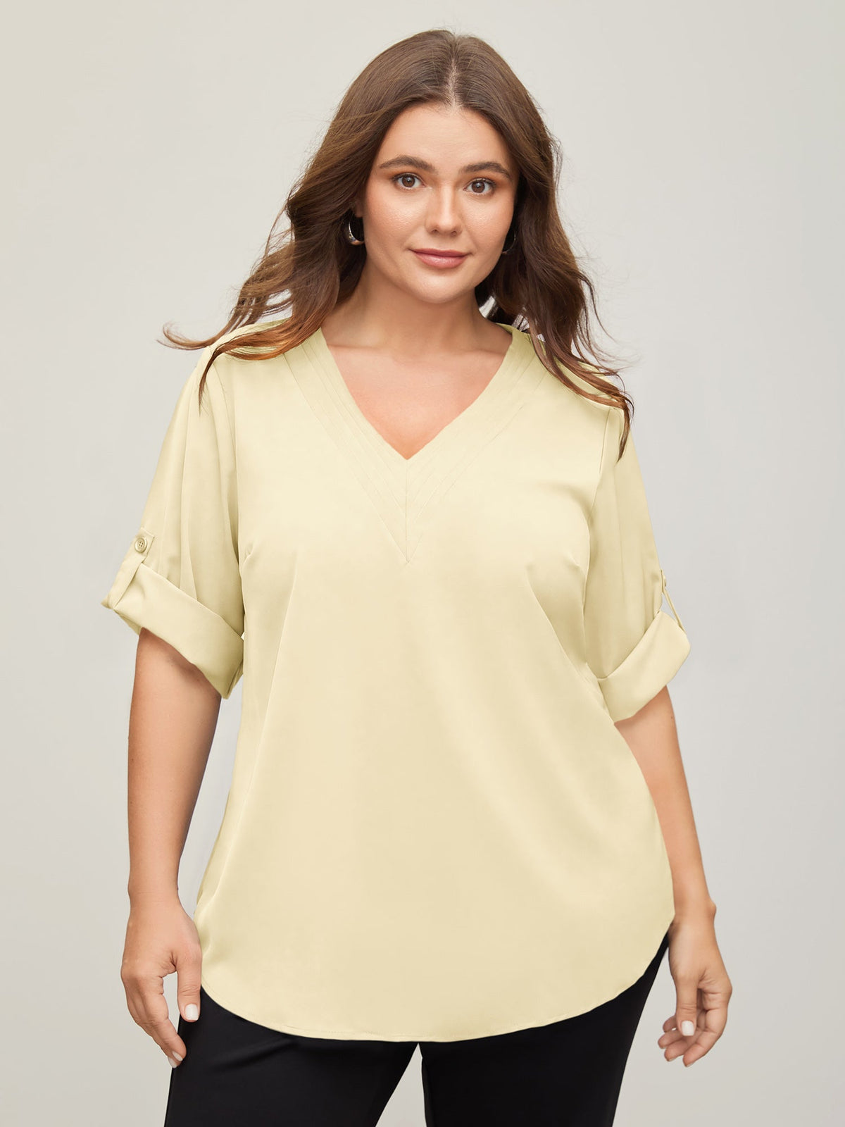 V Neck Plain Pleated Tab Sleeve Blouse