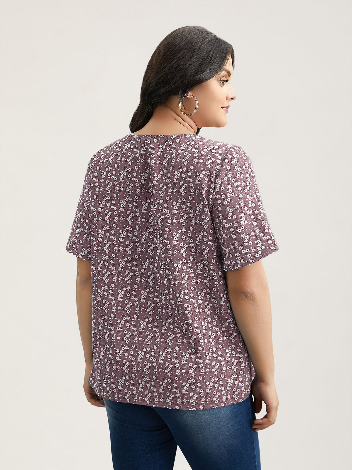 Floral Ruffle Sleeve Gathered Round Neck Blouse
