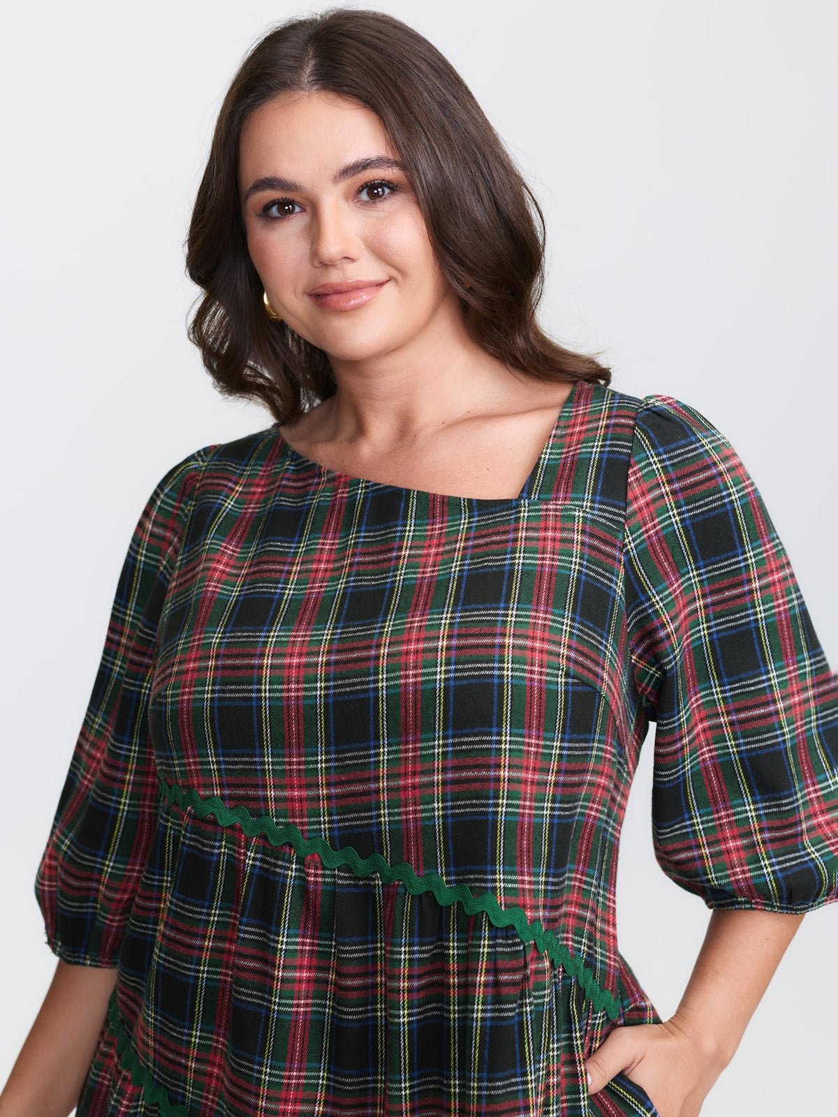 Festive Plaid Wavy Trim Mini Dress