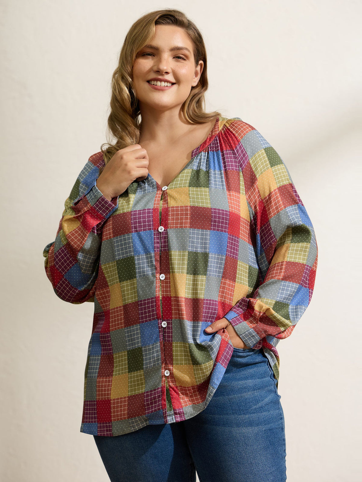 Colorful Check Print Button Relaxed-Fit Blouse