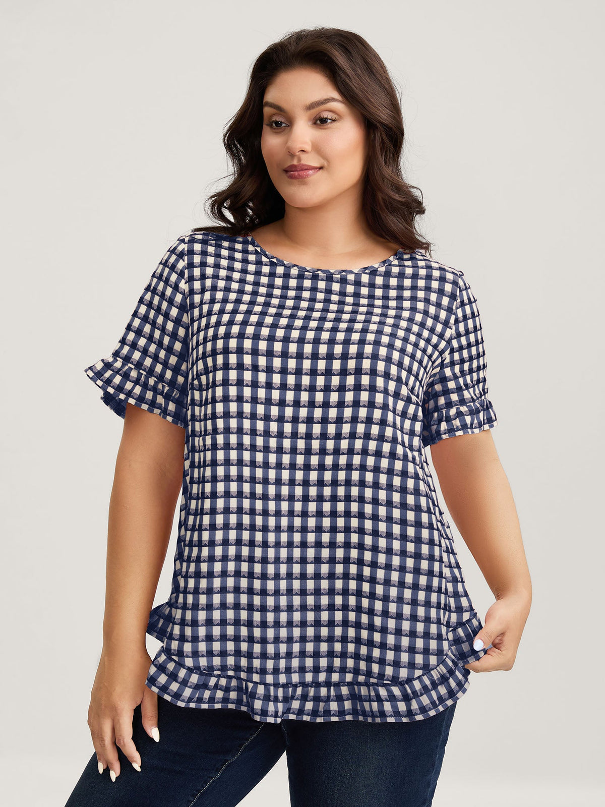 Gingham Print Button Back Blouse