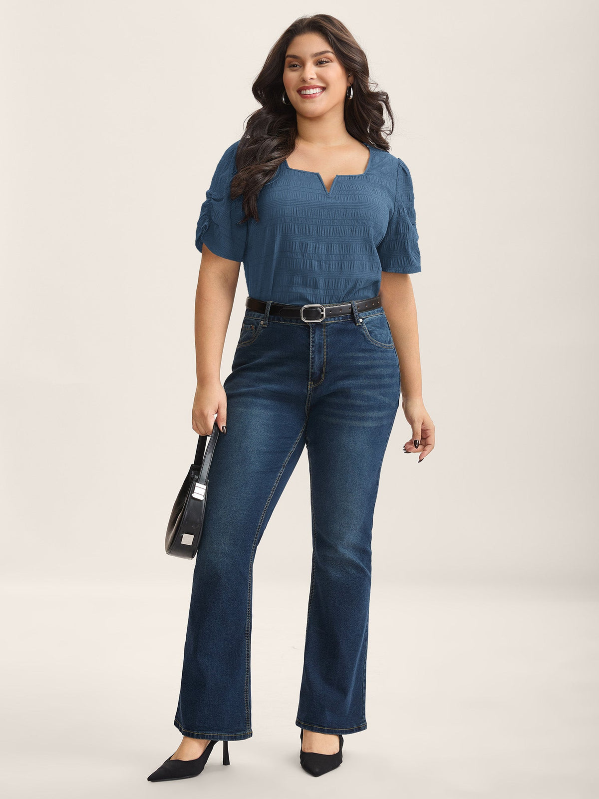Textured Gathered Sleeve Split Neck Blouse