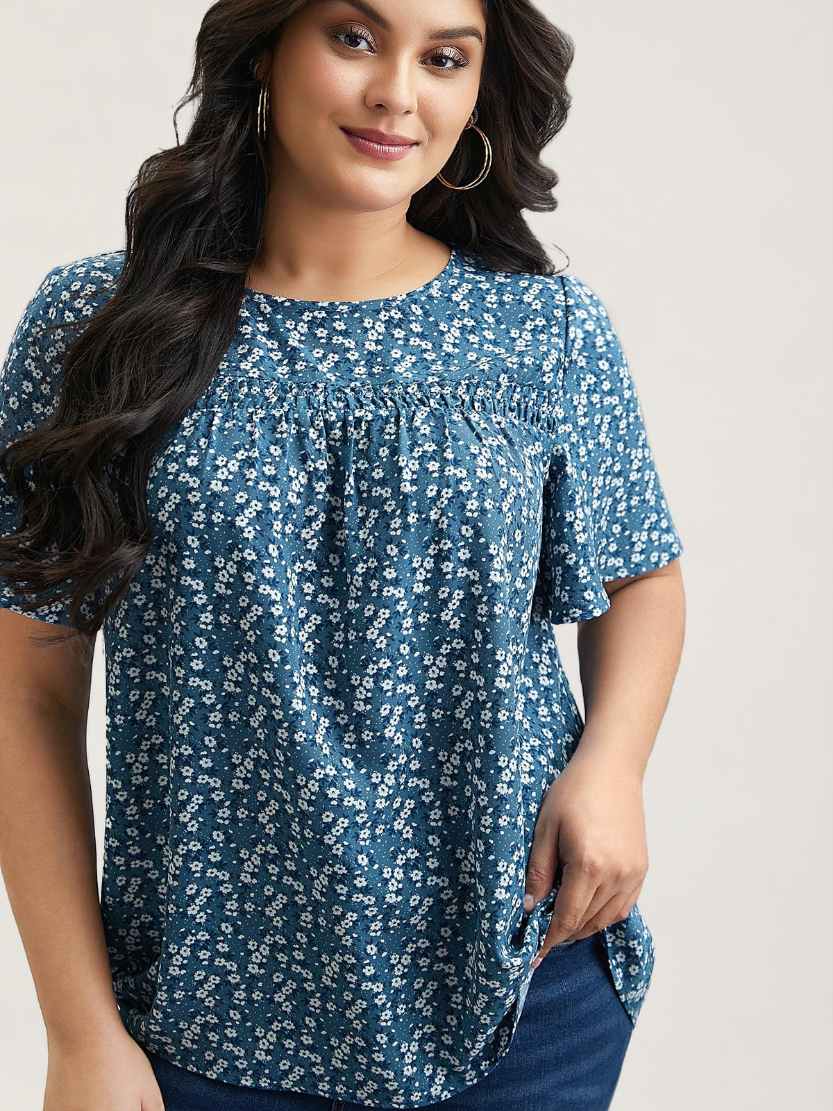 Floral Ruffle Sleeve Gathered Round Neck Blouse