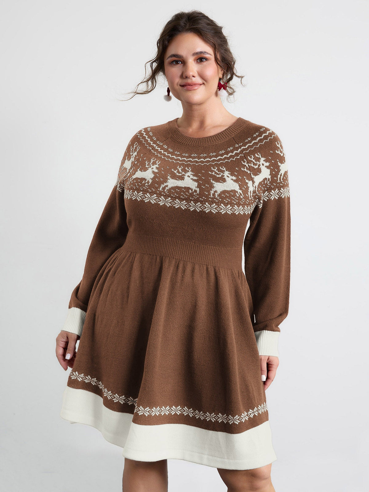 Reindeer Print Cinched-Waist Sweater Mini Dress